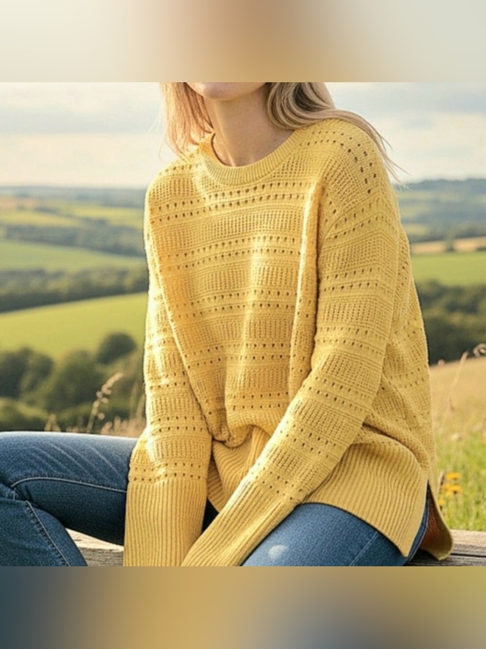 Gap 100% cotton pullover open knit boat neck sweater butter lemon yellow small